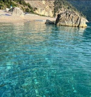 a body of water with a beach and a large rock