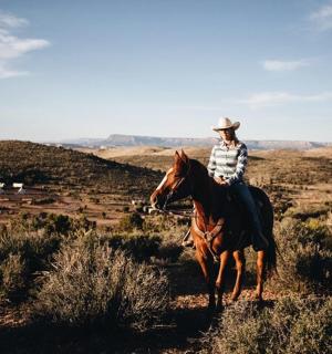 a woman riding a horse in the desert