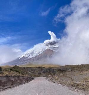 a snow covered mountain in the middle of a dirt road