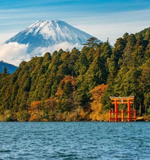 湖中央有一座山，山上有红色物体