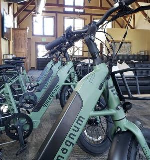 a row of green bikes parked in a room