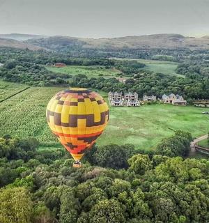 一只黄色热气球飞过田野