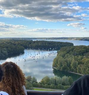 三个人眺望树木环绕的湖泊