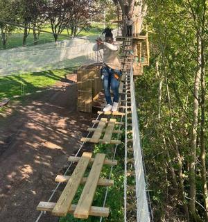 一名男子站在树上的笼子顶上