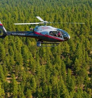 一架红白相间的直升机飞过森林