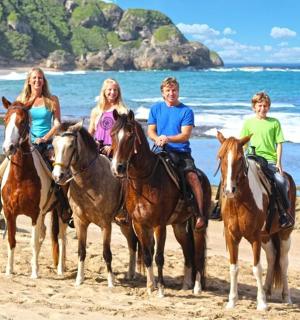 一群人在海滩上骑马