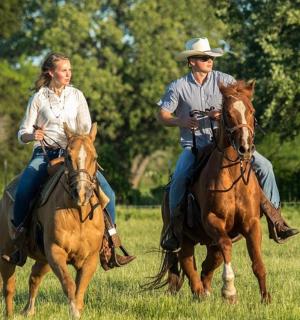 a man and woman riding horses in a field