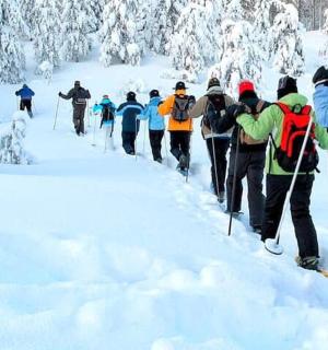 a group of people walking through the snow