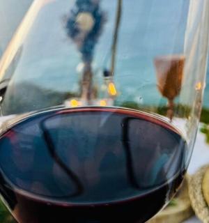 a glass of red wine sitting on a table