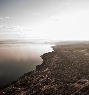 an aerial view of a large body of water