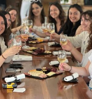 一群妇女围坐在桌旁喝酒