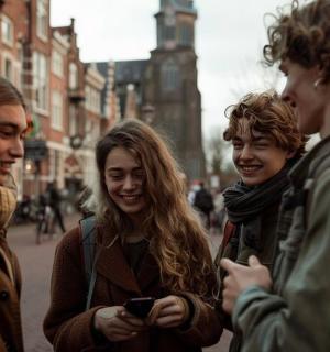 一群人站在街上看手机