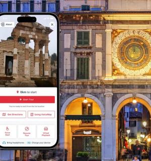 两张建筑物的照片,建筑物前有一部手机