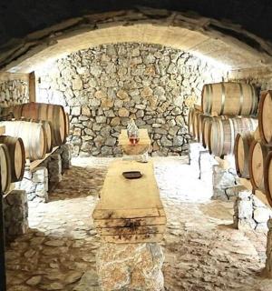 一个石洞,里面有一张桌子,房间里有桶