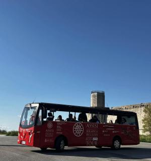 一辆红色巴士在街上行驶，车内载着乘客