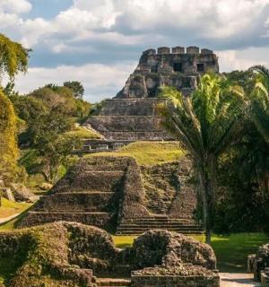 a view of the ruins of the mayan pyramid