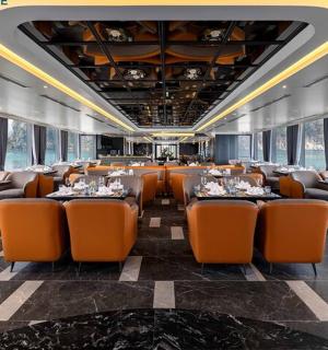 a dining car of a train with tables and chairs