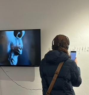 a person holding a cell phone in front of a tv