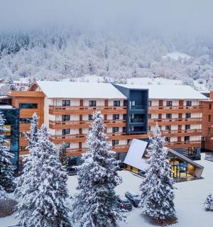 a hotel in the snow with snow covered trees