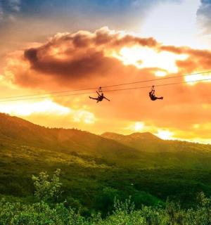 a group of people on a wire at sunset