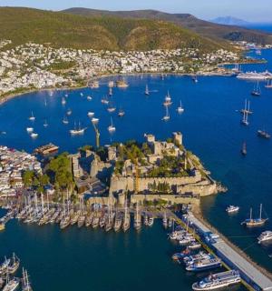 an aerial view of a harbor with boats in the water