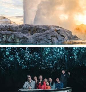 skupina lidí v lodi před erupcí