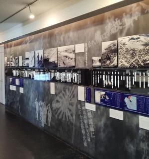 a room with a wall with pictures on it