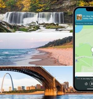 a collage of photos with a cell phone with a map