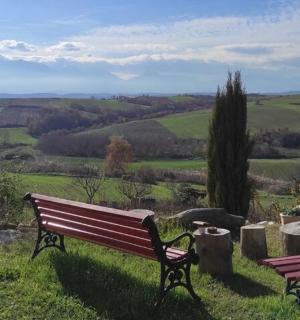 两张公园长椅坐落在山上，可以欣赏美景