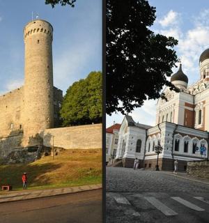 two pictures of a building with a clock tower