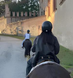 两个人骑着马在街上