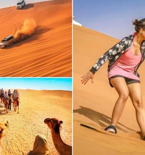 a group of people riding horses in the desert