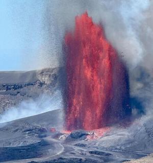 a large red island in the middle of a volcano