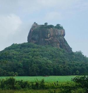 一块坐落在绿色田野上的大石头