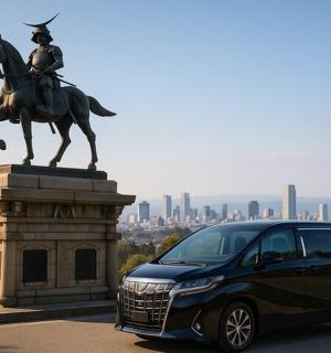 一辆 SUV 停在一尊骑马男子雕像旁