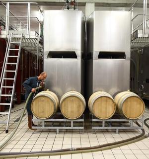 a man is standing next to a bunch of barrels