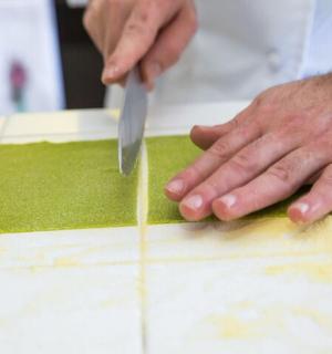 a person cutting a piece of grass with a knife