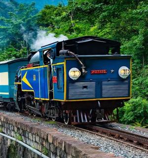 a blue and yellow train traveling down the tracks