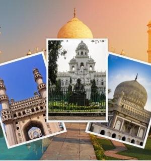 three photographs of a building and a mosque