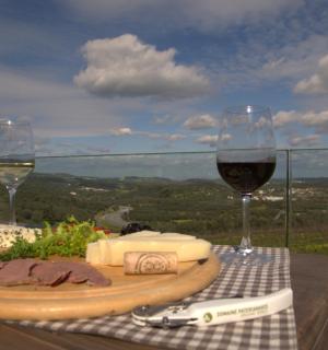 桌子上摆着一盘食物和两杯酒