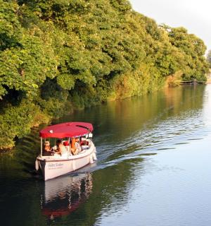 a boat with a red roof is on a river