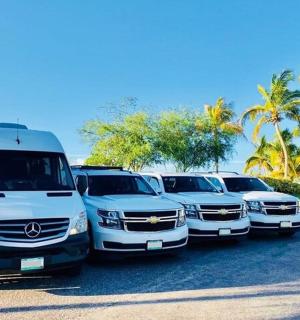 a row of white trucks parked in a parking lot