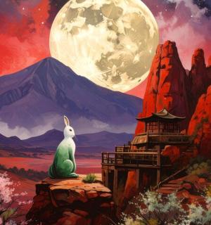 a painting of a rabbit sitting on a rock under a full moon