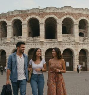 skupina tří lidí stojící před budovou