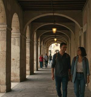 一男一女走在小巷里