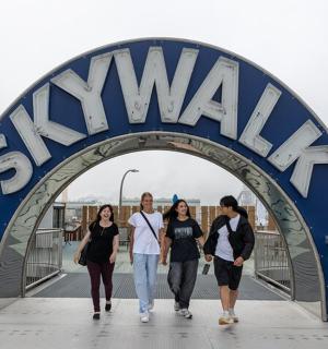 一群人走过一座桥