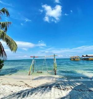 a beach with a swing and a house in the water
