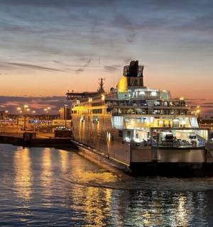 一艘大型游轮夜间停靠在水中