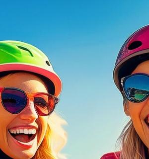 Dvě ženy v helmách a slunečních brýlích se usmívají