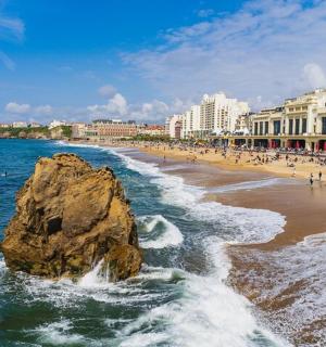 a large rock in the water on a beach